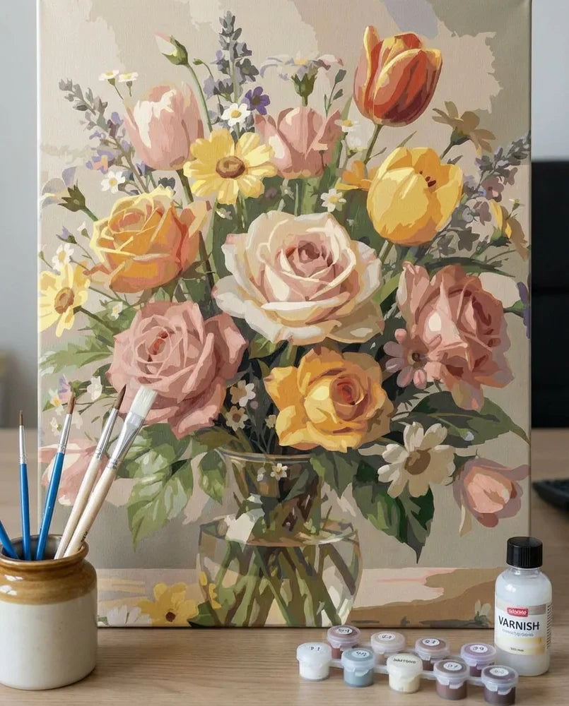 Finished paint by numbers flower artwork displayed with brushes and numbered paint pots