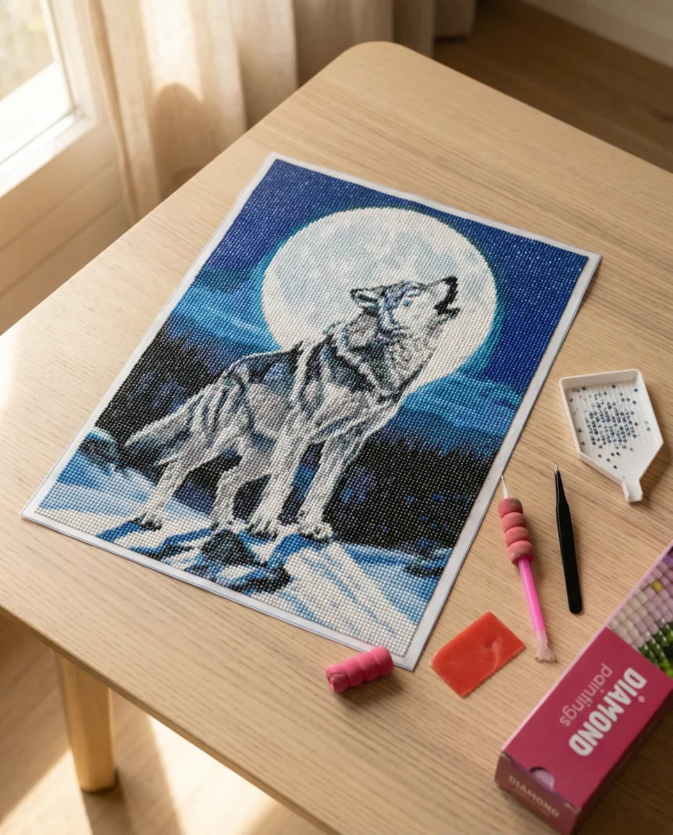 Valmis 30x40 cm timanttimaalaus pöydällä luonnonvalossa työkalujen kanssa