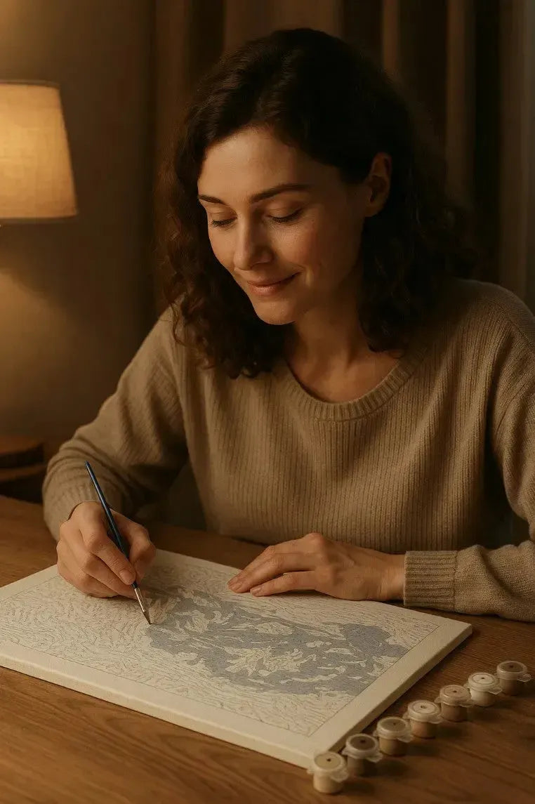 Ruskea hiuksinen noin 35 vuotias nainen maalaa numeromaalausta illalla lämpimässä valaistuksessa puisella pöydällä. Naisella on yllään villapaita.