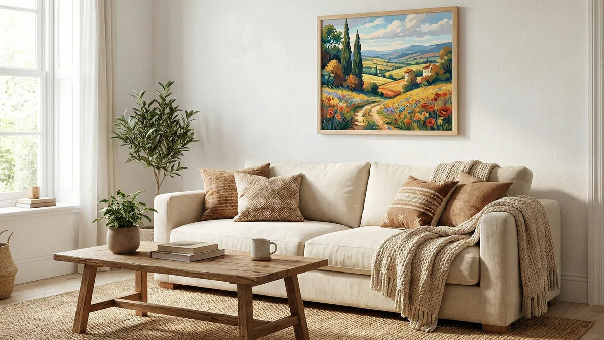 Valmis 60x80cm numeromaalaustaulu kehyksissä ripustettuna valkoiselle seinälle vaalean sohvan yläpuolelle viihtyisässä skandinaavisessa olohuoneessa.