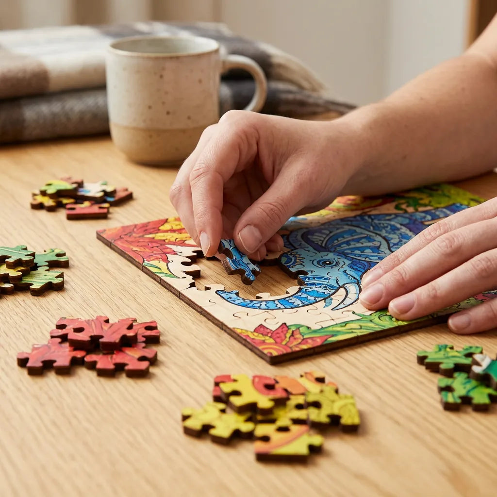 Puinen eläinpalapeli koottavana pöydällä