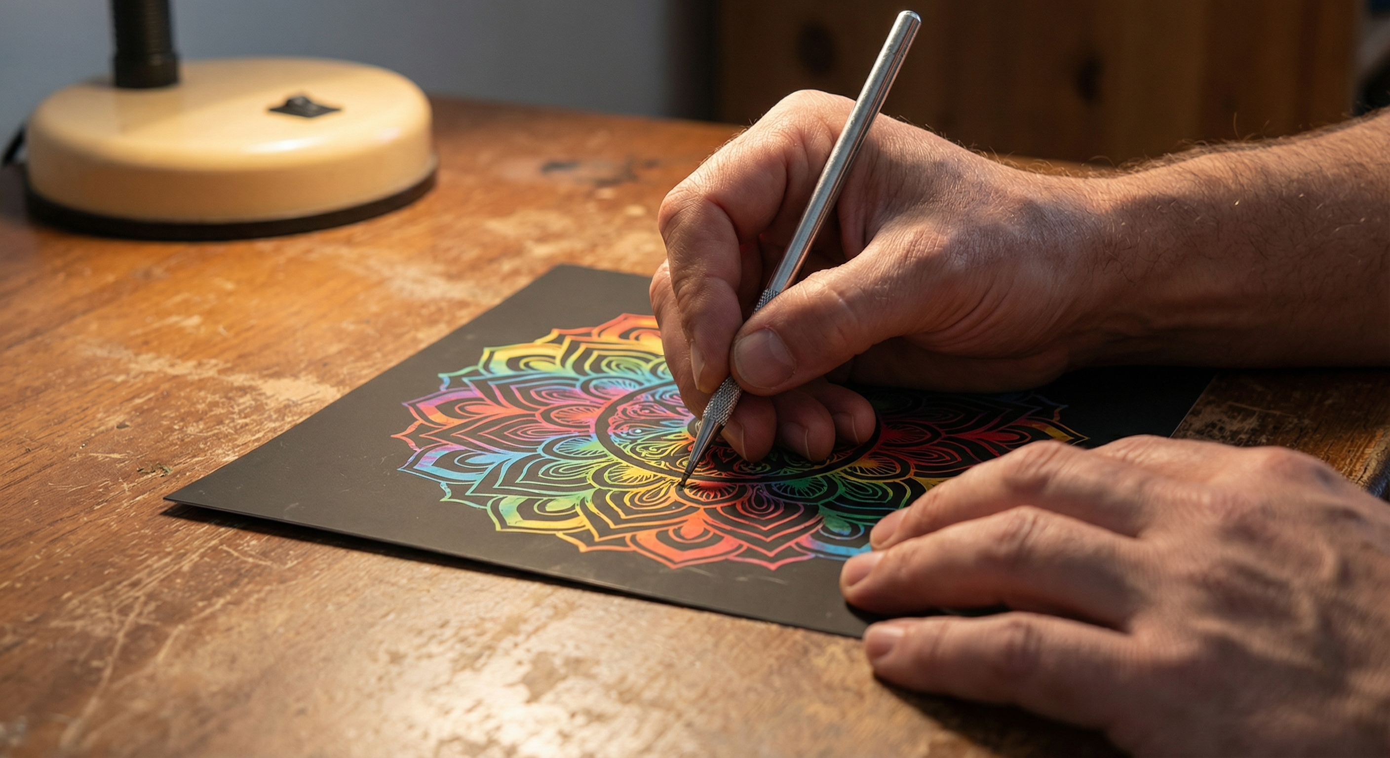 Aikuinen tekemässä raaputuskuvaa scratch art -harrastuksena