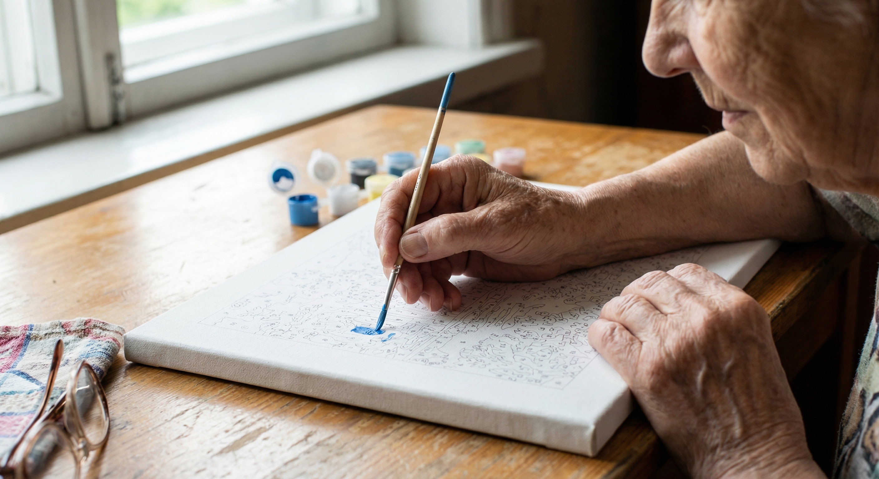 Seniori tekemässä luovaa harrastusta - numeromaalaus ja motoriikka