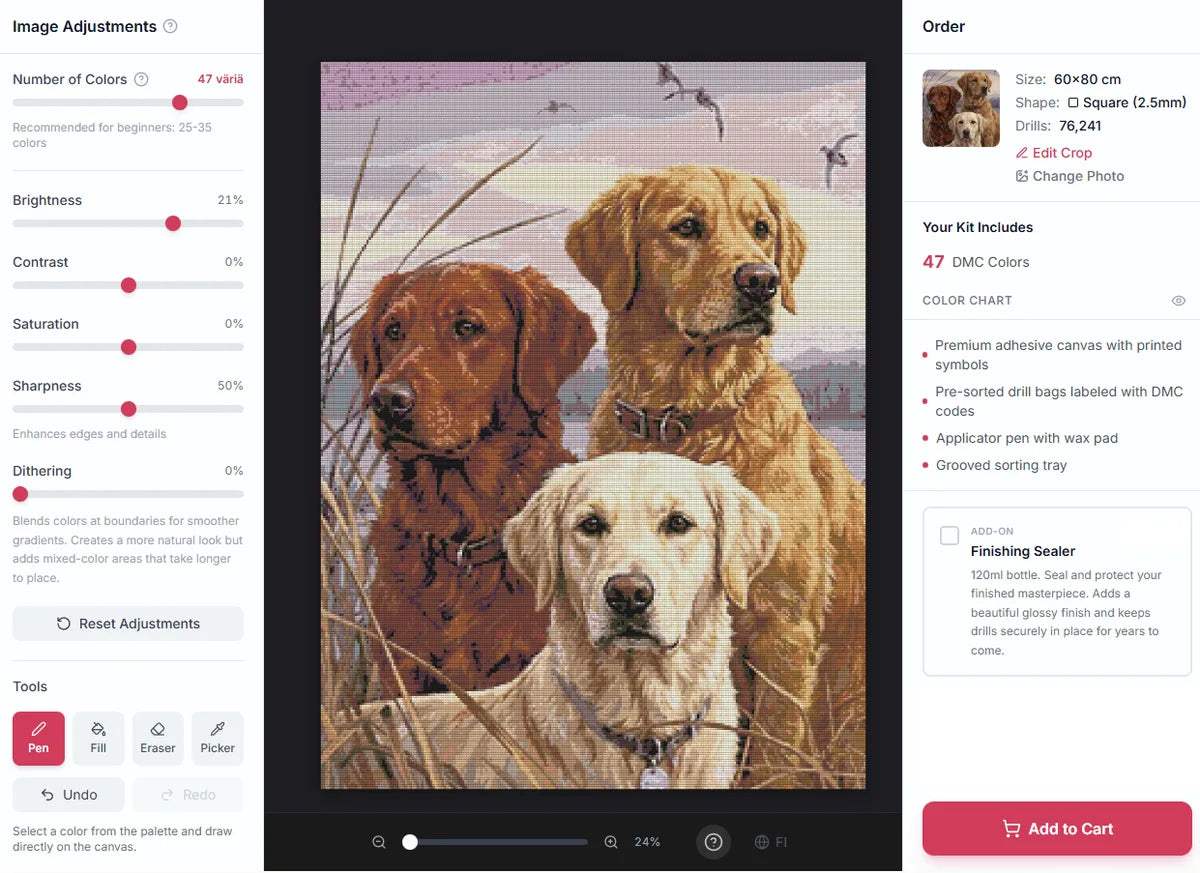 kuvakaappaus timanttimaalaus editorista jossa on koira aiheinen timanttimaalaus muokattavana.