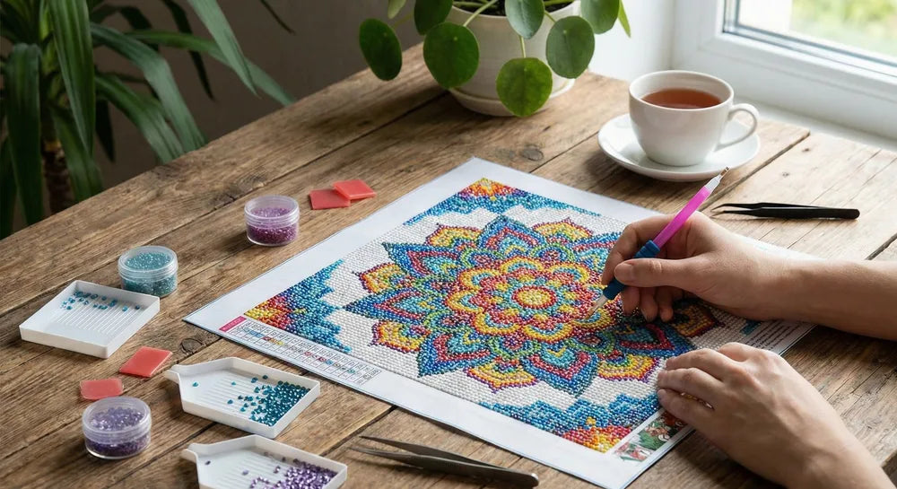 Timanttimaalaus-työpiste — timantit, kangas ja työvälineet pöydällä