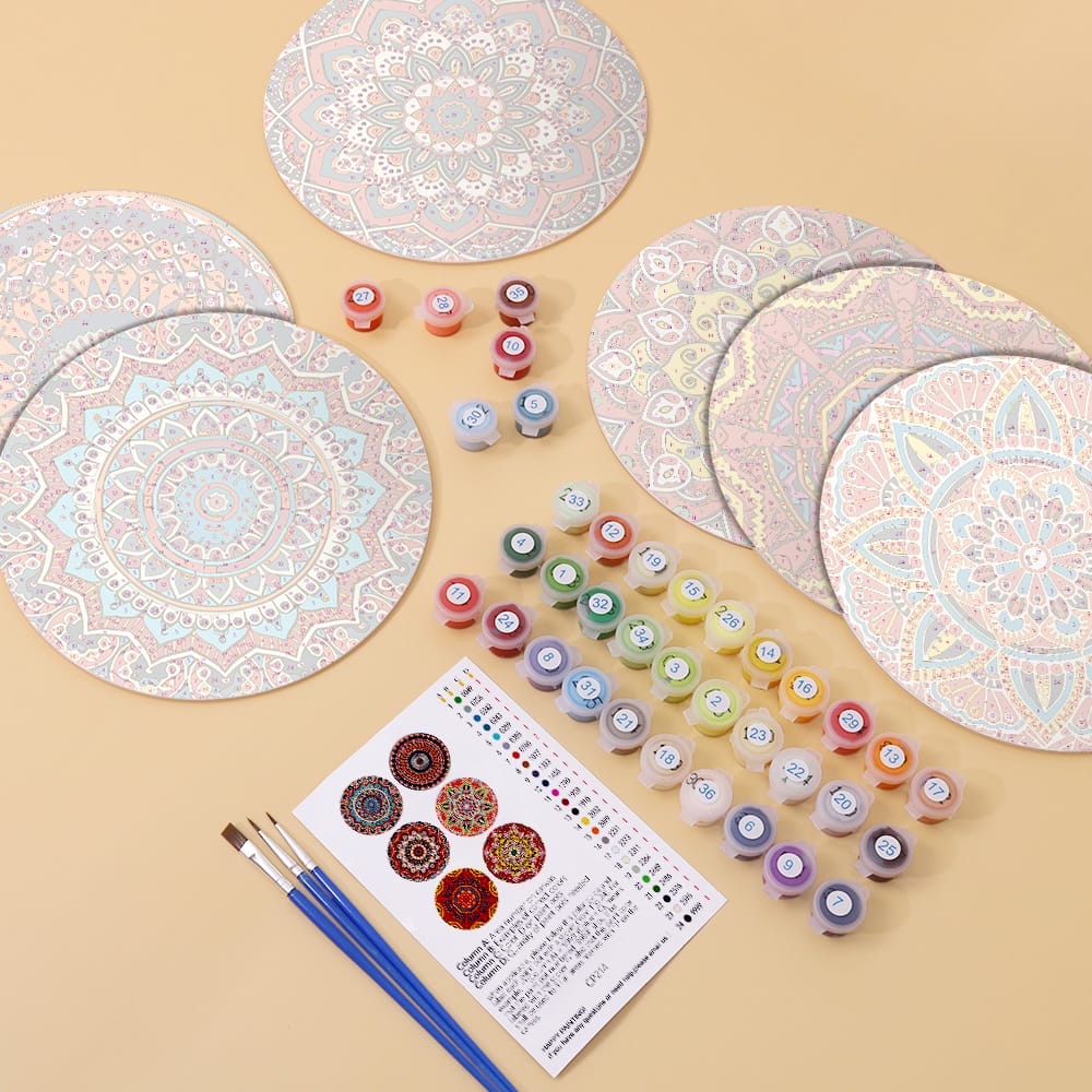 Mandala-pöytätabletit, maalit, siveltimet ja tarvikkeet