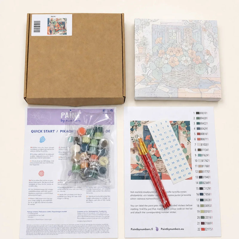 20x20 cm kehystetyn numeromaalaussetin sisältö: maalit, siveltimet, ohjeet ja pingotettu kangas