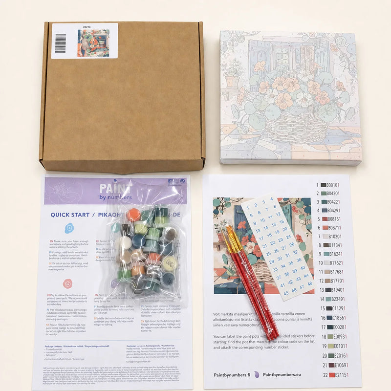 20x20 cm kehystetyn numeromaalaussetin sisältö: maalit, siveltimet, ohjeet ja pingotettu kangas