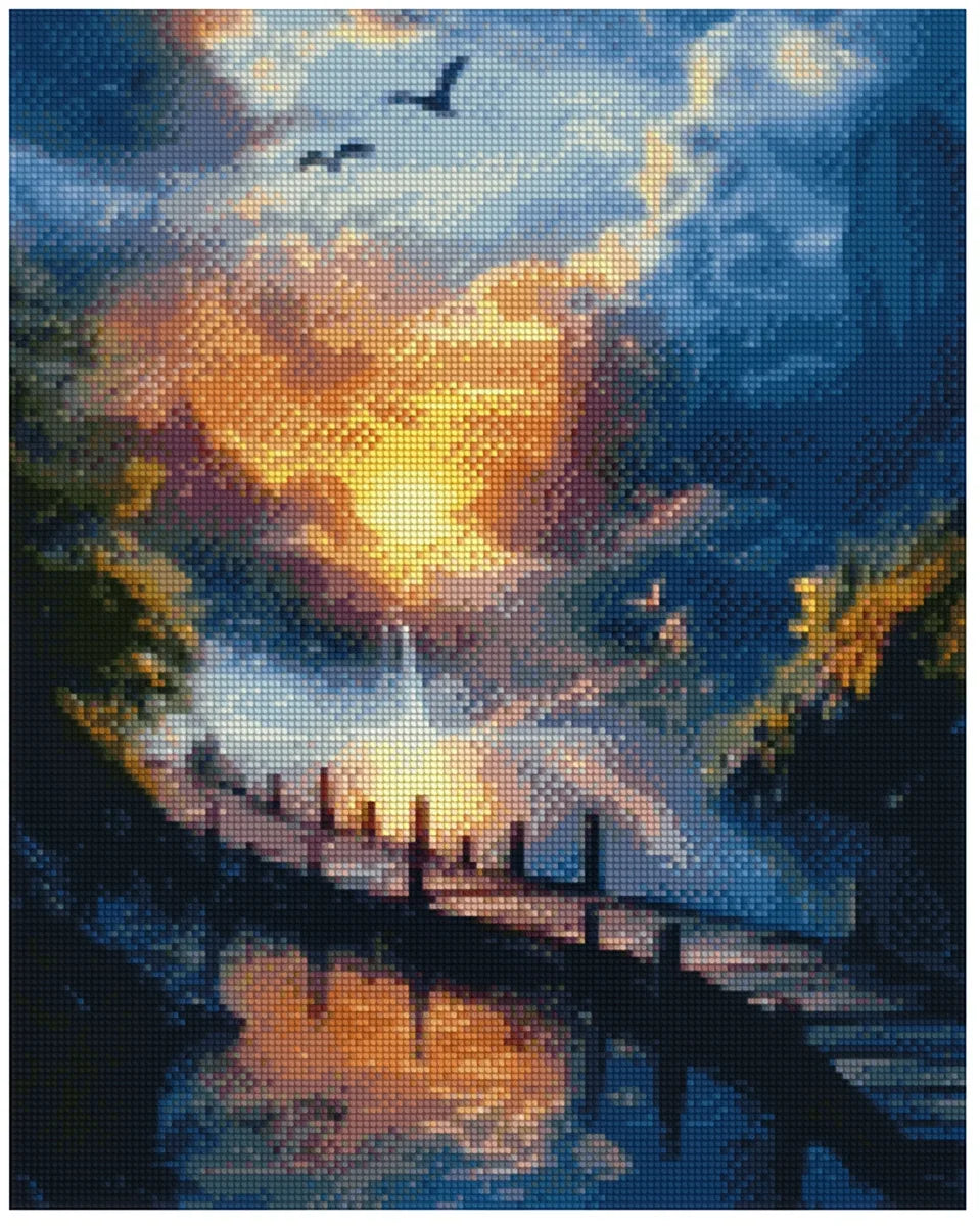 Timanttimaalaus mallikuva: Maaginen kohtaus, jossa aurinko tai kuu laskee taustan ylle. Kapea puusilta ylittää veden, heijastaen oranssin ja sinisen sävyjä dramaattisessa hämärässä.