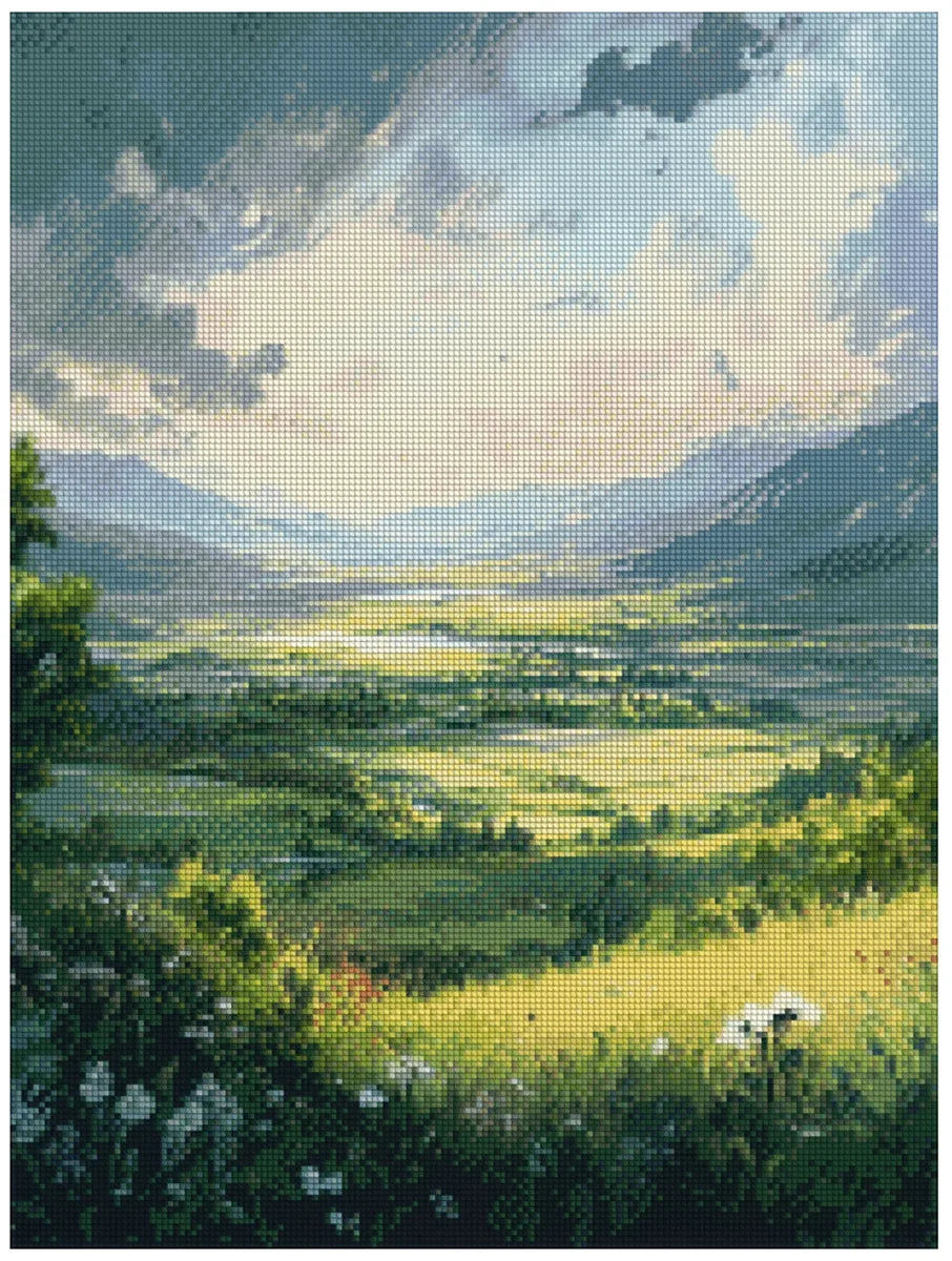 Timanttimaalaus mallikuva – valoisa vihreä laakso, kaukaiset vuoret ja pehmeän sinivalkoinen taivas, kesäinen rauhallinen tunnelma.