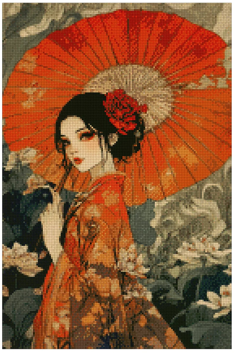 Timanttimaalaus mallikuva – elegantti geisha punaisessa kimonossa, suuri oranssinpunainen paperivarjo ja sumuisen harmaa kukkiva tausta.