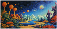 Thumbnail for Timanttimaalaus mallikuva – värikylläinen fantasiamaisema, oranssit puut, sininen yötaivas ja hehkuvia planeettoja avaruustunnelmassa.