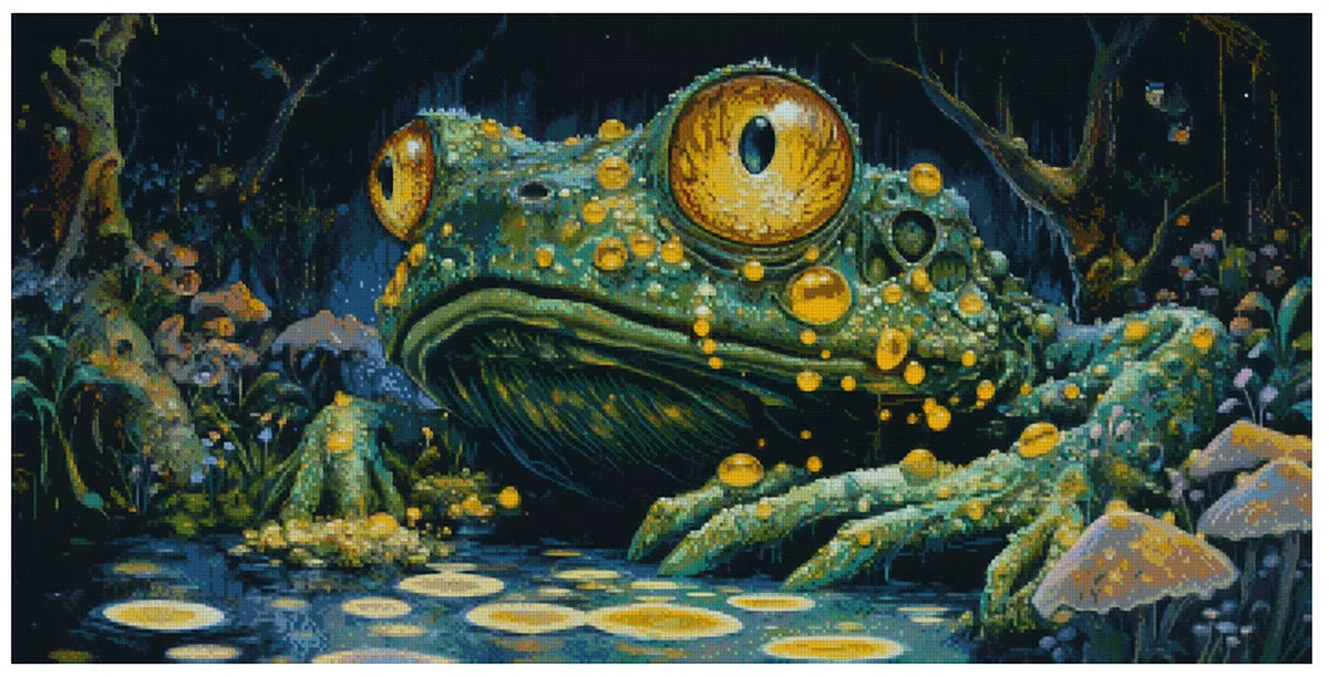 Timanttimaalaus mallikuva – tumman vihreä metsälampi, jättiläissammakko suurilla kultaisilla silmillä ja satumainen yövalaistus.