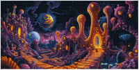 Thumbnail for Timanttimaalaus mallikuva – futuristinen alien-kaupunki, orgaaniset rakennukset, violetin ja kultaisen sävyiset valot sekä hohtavat planeetat yötaivaalla.