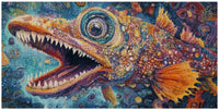 Thumbnail for Timanttimaalaus mallikuva – värikäs psykedeelinen kala terävillä hampailla, turkoosin ja violetin sävyinen merenalainen fantasiamaailma.