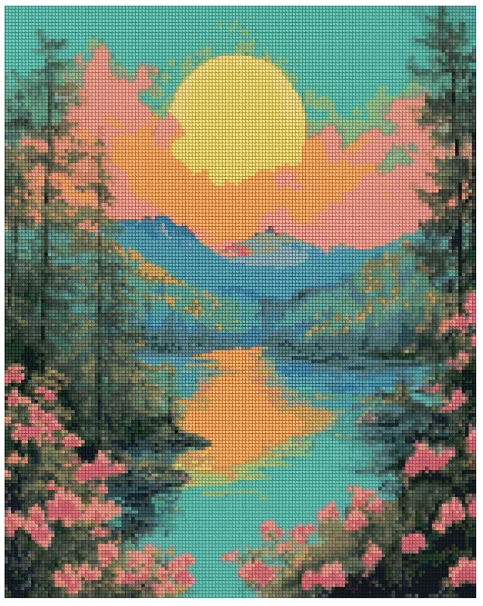 Timanttimaalaus mallikuva – pastellinvärinen järvimaisema, valtava aurinko ja turkoosin, pinkin ja oranssin pehmeät sävyt.