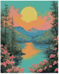 Thumbnail for Timanttimaalaus mallikuva – pastellinvärinen järvimaisema, valtava aurinko ja turkoosin, pinkin ja oranssin pehmeät sävyt.