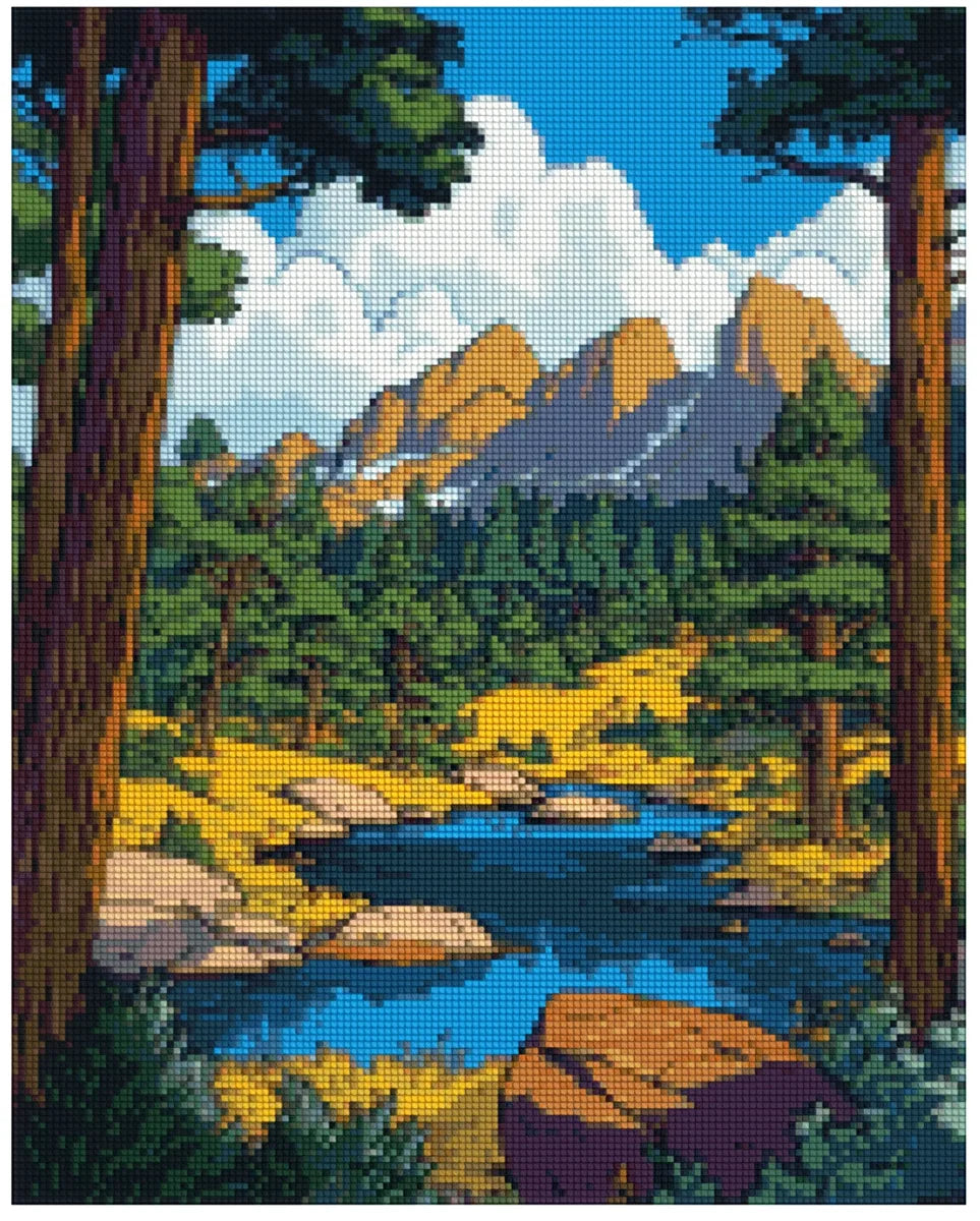 Timanttimaalaus mallikuva – kirkas vuoristomaisema, sininen taivas, vihreät metsät ja kultaiset rinteet klassisessa maalauksellisessa tyylissä.