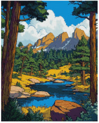 Thumbnail for Timanttimaalaus mallikuva – kirkas vuoristomaisema, sininen taivas, vihreät metsät ja kultaiset rinteet klassisessa maalauksellisessa tyylissä.