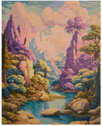 Thumbnail for Timanttimaalaus mallikuva – satumainen metsä, purppuran ja kullan sävyiset vuoret sekä turkoosi joki pehmeässä auringonvalossa.