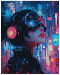 Thumbnail for Timanttimaalaus mallikuva – neon cyberpunk-kohtaus, sinipunaiset valot, naisella futuristiset lasit ja taustalla intensiivinen metropolifiilis.
