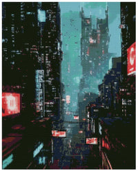 Thumbnail for Timanttimaalaus mallikuva – tummasävyinen cyberpunk-kaupunki, neonpunaiset valot ja sumuinen turkoosi tausta korkeiden pilvenpiirtäjien välissä.