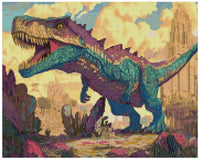 Thumbnail for Timanttimaalaus mallikuva – turkoosin ja violetin sävyinen dinosaurus, pastellikeltainen taivas ja eläväinen esihistoriallinen maisema.