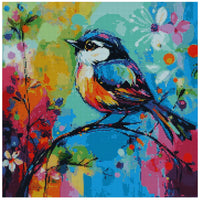 Thumbnail for Timanttimaalaus mallikuva – räiskyvän värinen lintukohtaus, turkoosin, pinkin, keltaisen ja oranssin sävyt abstraktissa taustassa.