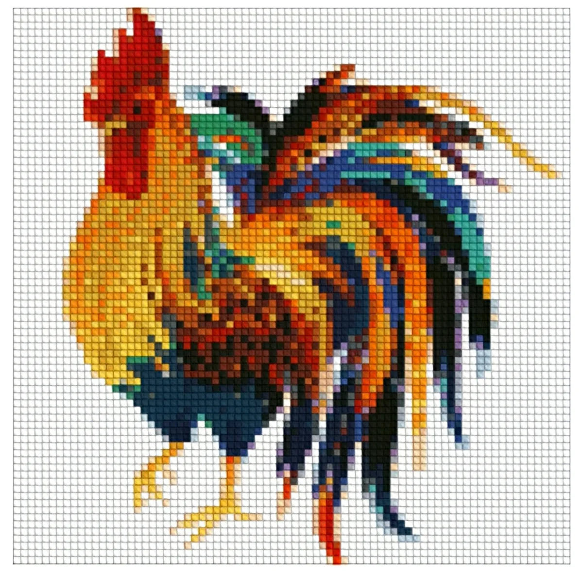 Timanttimaalaus mallikuva – värikäs kukko, oranssin, sinisen ja vihreän voimakkaat sävyt sekä valkoinen taustapinta graafisessa tyylissä.