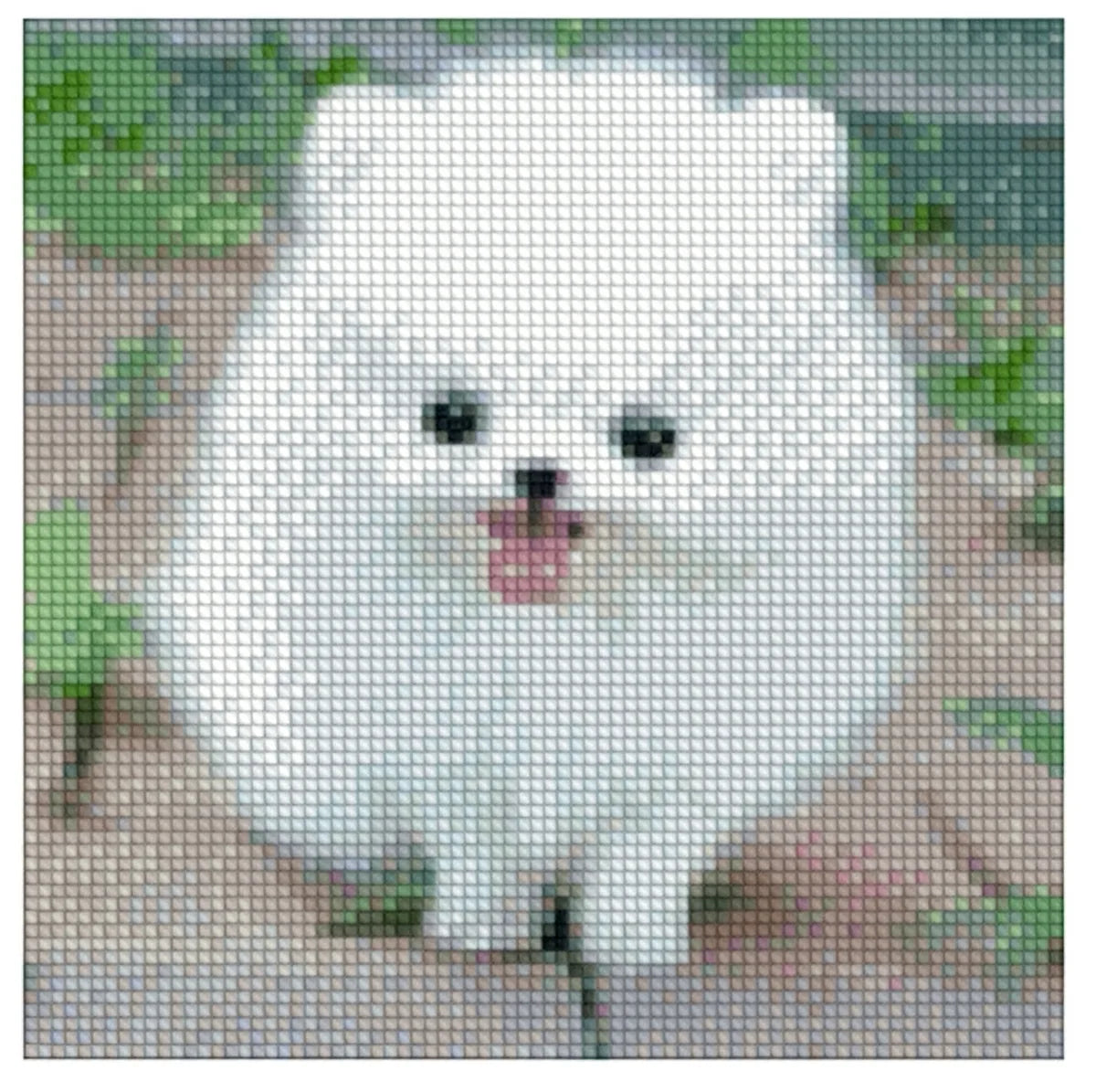 Timanttimaalaus mallikuva – söpö valkoinen pienikokoinen koira, pehmeät pastelliset taustasävyt ja kirkas ilme.