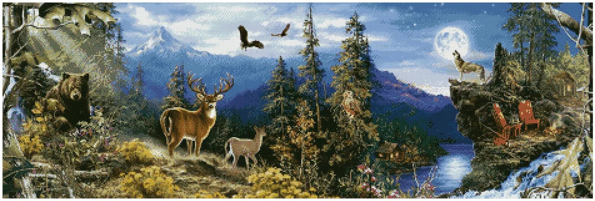 Timanttimaalaus mallikuva – laaja vuoristomaisema, peurat, karhu ja ulvova susi kuutamolla, sinisen ja metsänvihreän yövärit sekä kultaiset valon säteet.