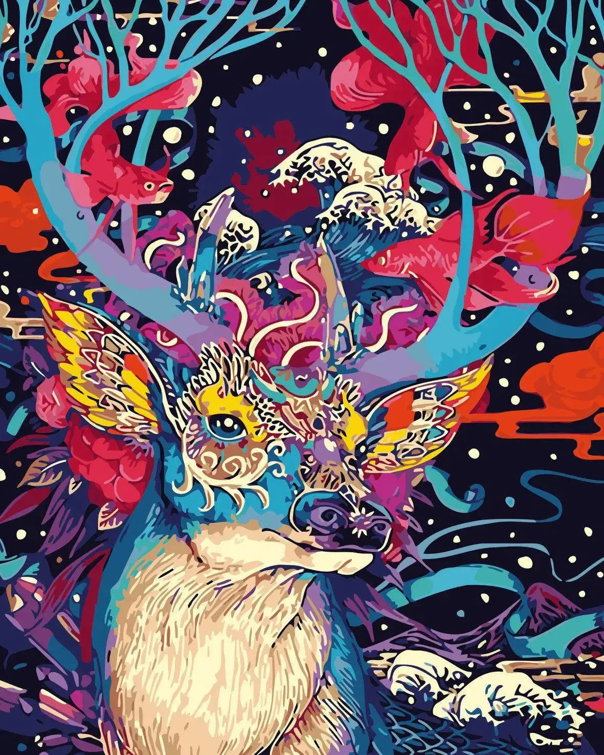 Värikäs taulu, jossa on koristeellinen peura sinisen ja vaaleanpunaisen sävyisillä sarvilla ja taustalla abstrakteja yksityiskohtia.