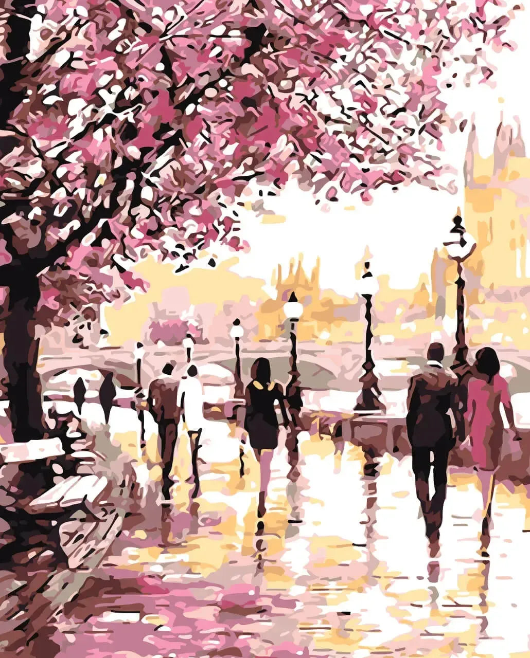 Romanttinen kevätnäkymä, jossa ihmiset kävelevät kirsikankukkien reunustamalla rantakadulla vaaleanpunaisen lehtikatoksen alla.