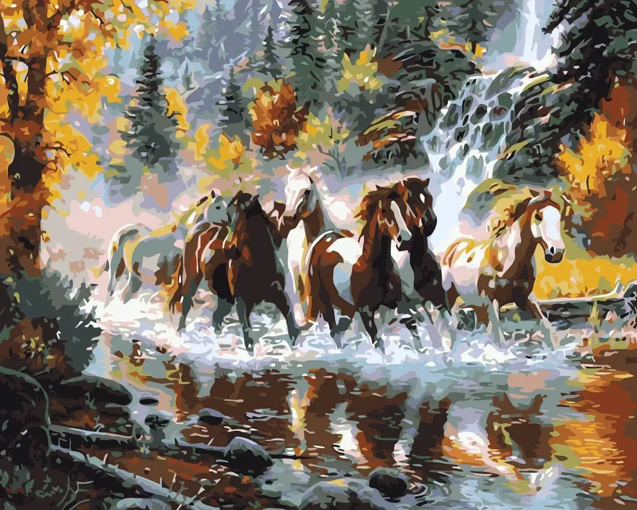 Lauma hevosia juoksemassa läpi virtaavan joen syksyisessä metsämaisemassa, taustalla vesiputous ja värikkäät puut – paint by numbers -maalaus.