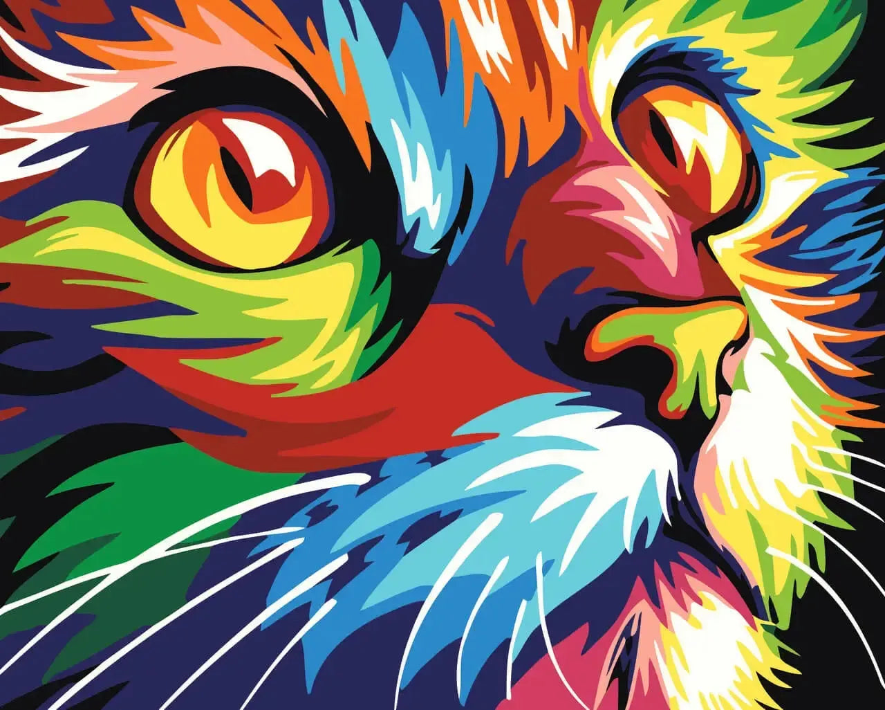 Kirkkaanvärinen ja moderni lähikuva kissan kasvoista poptaide-tyyliin.