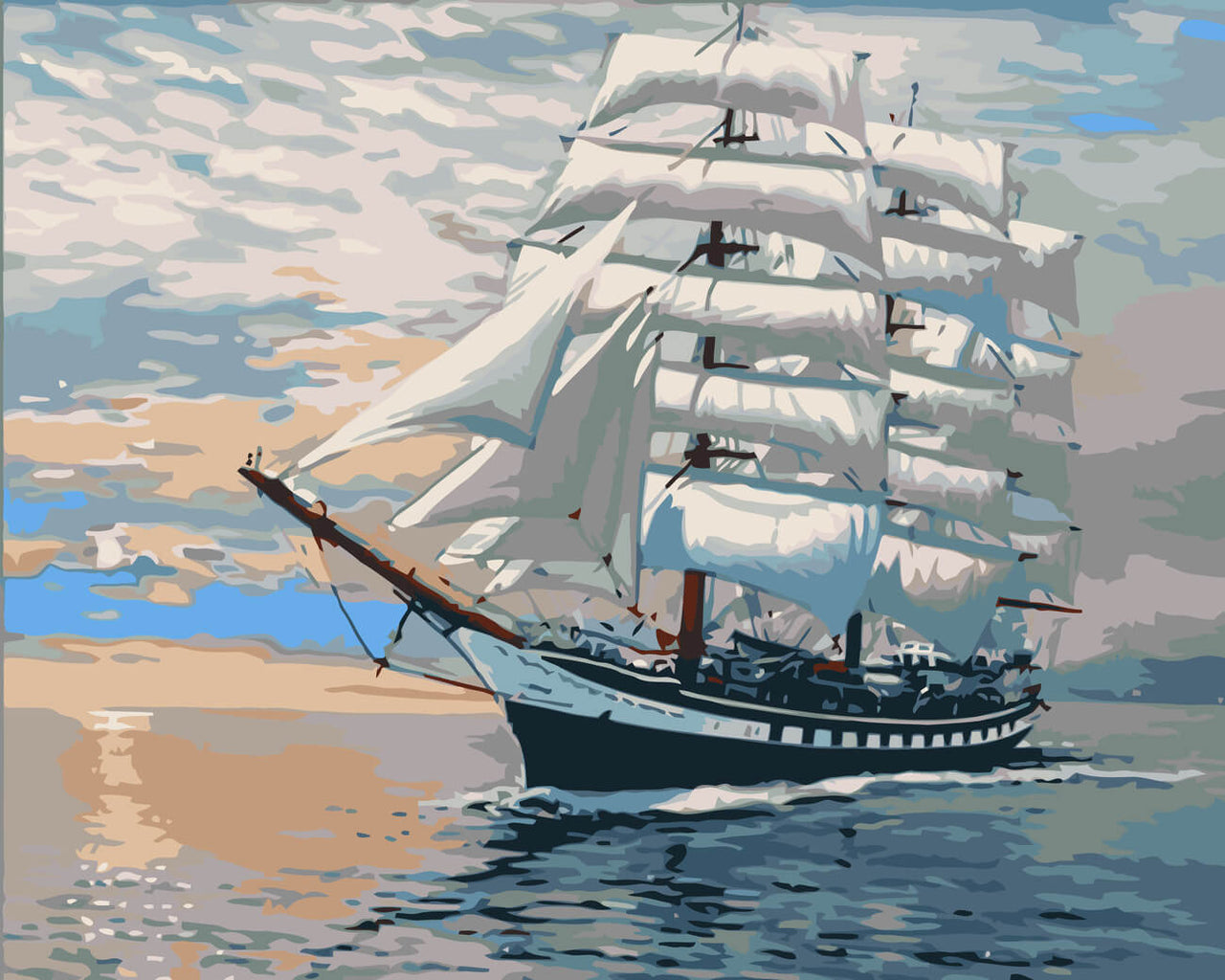 Suurikokoinen valkoinen purjelaiva lipumassa tyynellä merellä auringonlaskun aikaan, taustalla pilvinen taivas – paint by numbers -maalaus.