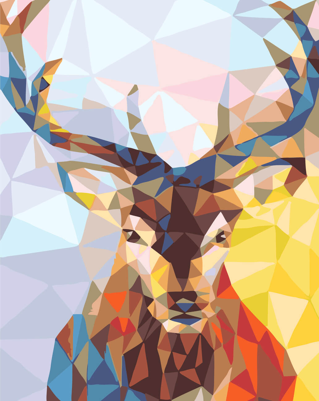 Geometrisista värikkäistä kolmioista koostuva peuran muotokuva, moderni ja abstrakti tyyli – paint by numbers -maalaus.
