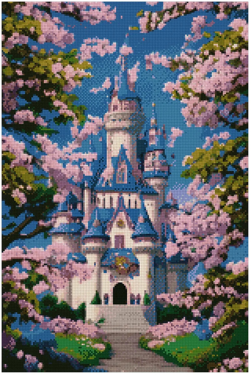 Timanttimaalaus mallikuva – vaaleansininen linna kukkivien vaaleanpunaisten sakura-puiden keskellä, raikas sininen taivas ja satumainen tunnelma.