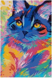 Thumbnail for Timanttimaalaus mallikuva – neonvärinen kissamuotokuva, sinisen, pinkin, keltaisen ja turkoosin rohkeat sävyt energisessä pop-art-tyylissä.