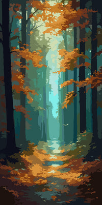 Thumbnail for Syksyinen metsäpolku, jossa oranssit lehdet ja vihreät puut.