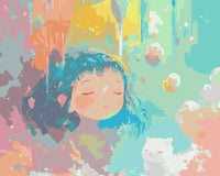 Thumbnail for Pastellinsävyinen maalaus, jossa sulkasilmäinen tyttö ja valkoinen kissa lepäävät maagisen väripilven keskellä koristeellisten koristepallojen ympäröimänä.