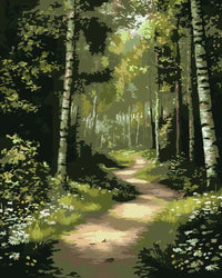 Thumbnail for Vihreän sävyinen metsämaisema, jossa mutkitteleva polku kulkee koivujen lomassa ja villikukkien reunustamana, taustalla valo siivilöityy puiden läpi.