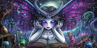 Butterfly Queen -timanttimaalaus: goottihaltia violetein perhossiivin lukemassa taikakirjaa