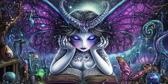 Butterfly Queen -timanttimaalaus: goottihaltia violetein perhossiivin lukemassa taikakirjaa