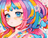 Thumbnail for Söpö anime-tyylinen tyttö värikkäillä sateenkaaren sävyissä, kukkia hiuksissaan ja suurilla sinisillä silmillä, numeromaalaus.
