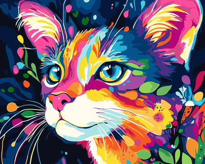 Colorburst-numeromaalaus: värikäs pop art -tyylinen kissan muotokuva kirkkailla neonväreillä