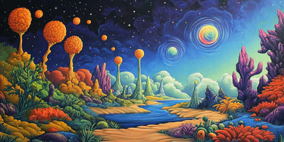 Fantasiamaisema, jossa kirkkaat kasvit ja tähtitaivas luovat surrealistisen ja värikkään kokonaisuuden.
