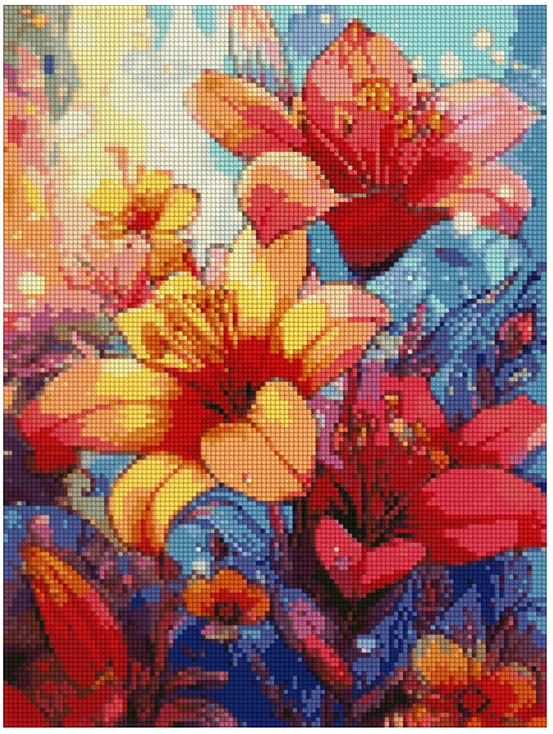 Timanttimaalaus mallikuva – kirkkaanpunaiset ja keltaiset kukat, sinertävä taustavalo ja eläväinen, maalauksellinen neonvärimaailma.