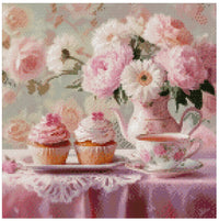 Thumbnail for Timanttimaalaus mallikuva – pastellinsävyinen asetelma: kukkakannu, teekuppi sekä kaksi kuorrutettua cupcakesia romanttisessa pöytäasetelmassa.