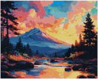Thumbnail for Timanttimaalaus mallikuva – värikäs vuoristomaisema, oranssin ja pinkin auringonlasku sekä hohtava virta, joka heijastaa taivaan värit.